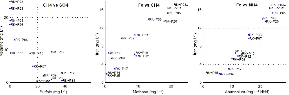 Figure 3. Water qualities of individual wells at the Oasen WTP Reijerwaard; relationship between sulfate and methane; methane and iron;ammonium and iron; averages for 2005–2009.