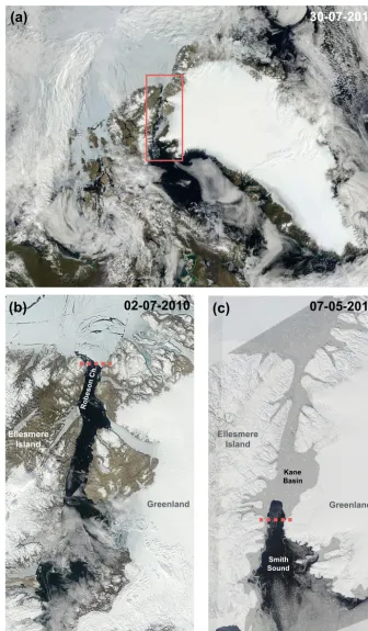 Figure 1. Moderate Resolution Imaging Spectroradiometer (MODIS) reﬂectance image indicating (a) the location of Nares Strait (redrectangle); (b) the presence of an ice bridge prior to a partial breakup event, on 2 July 2010, with multiple arch-like leads u