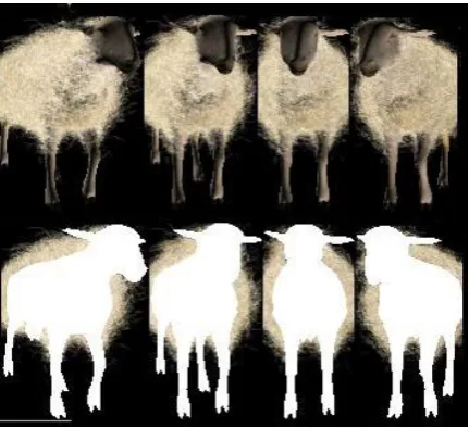 Figure 2: Frames from real video footage of a walking sheep (top) and animation of a sheep’s walk (bottom)
