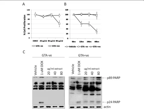 Figure 3 Proliferation of SW620 cells treated with GTA+ve and GTA-ve extracts. (A) SW620 cells were incubated with increasingconcentrations of GTA+ve and GTA-ve extracts for 24 hours and proliferation assayed by MTT