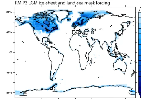 Figure 6. Estimation of the difference in radiative forcing (Wm−2)at the LGM compared with pre-industrial conditions caused by im-position of the CMIP5/PMIP3 ice sheet and the change in the land–sea mask
