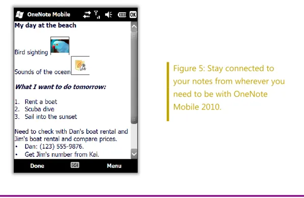 Figure 5: Stay connected to  your notes from wherever you  need to be with OneNote  Mobile 2010