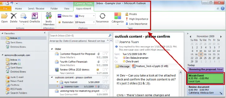 Figure 2 - Update your Calendar and Task items without leaving your inbox. For example, click a  Calendar or Task item on your To-Do Bar to display a contextual tab on the Ribbon that provides  you tools for working with that item
