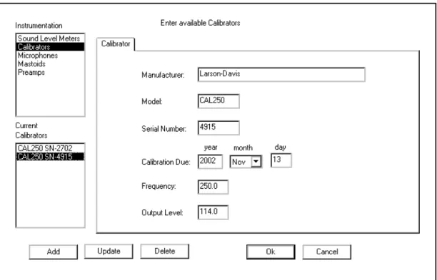 Figure 2-10  .Calibrator Information Dialog Box NOTE:  The Larson Davis CAL250 