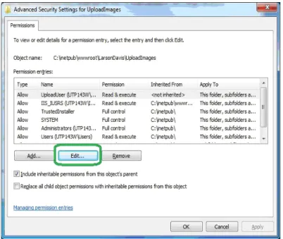 FIGURE 2-31  Advanced Security Settings for UploadImages - Edit
