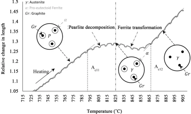 Figure 4. Enlarged part from (Relative change in length-Temperature) during the heating of ductile iron specimen