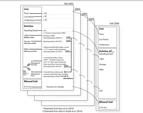 Figure 3 ΔC2 stocks inputs (+) and outputs (−). Detrital pools decomposition and transfer coefficients from Kurz et al
