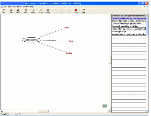 FIG. 8: Main panel of controls selection shell that contains the goal, main criteria and the most effective  controls for variations (focusing on Time, Cost and Quality) 