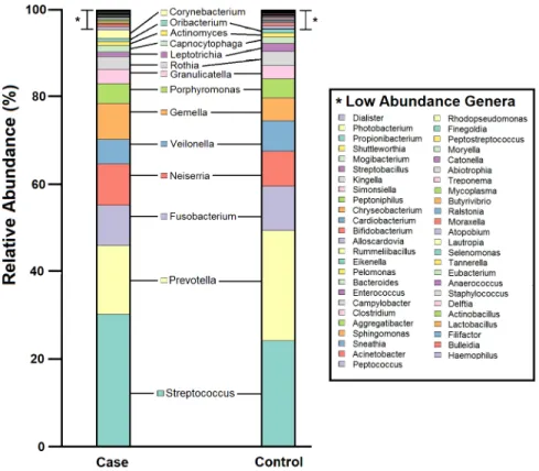 Fig 1. Pharyngeal microbiome profile of the study population, at genus level. Cumulative relative abundance of each of the 63 bacterial genera in case and control samples