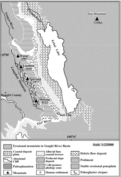 Figure 3. Map differentiating the geomorphologic struc-tures and process classifications at Cangshan Mountain and its adjacent mountain, in Yunnan Province