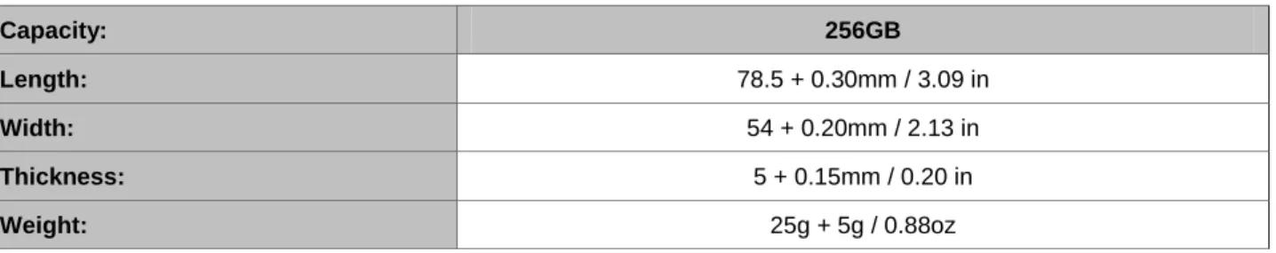 Table 5: Physical Specifications of APRO Industrial 1.8” micro SATA II SLC SSD HERMES-ER Series 
