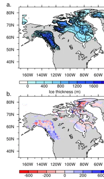 Figure 10. Ensemble mean (solid red line) and standard deviation(dotted blue line) eustatic sea level equivalent of the total ice volumedifferences when the SG model is turned on and off, for an ensemblerun over the last glacial cycle.
