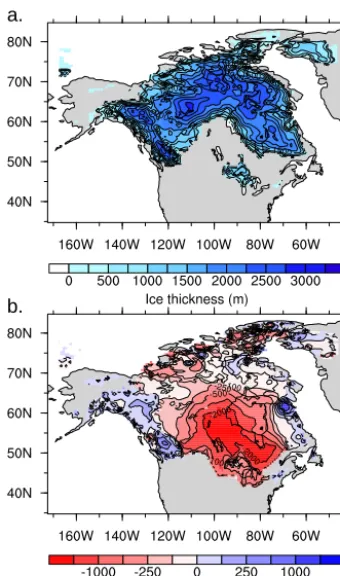 Figure 12. Ice ﬁeld at 50 ka for a simulation using parameternn9894. (a) Ice thickness with SG turned on