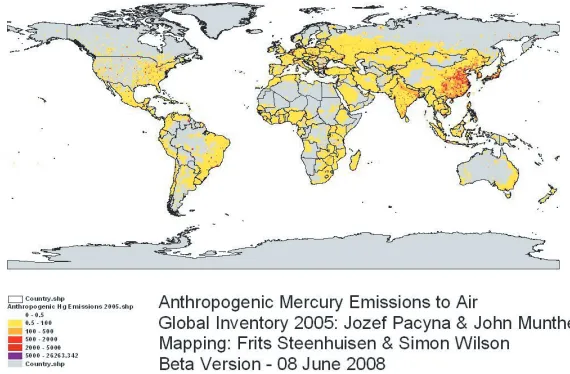 Fig. 6. Spatial distribution of Hg emissions from anthropogenic sources worldwide within 1◦ by 1◦.