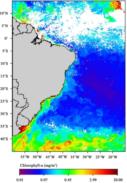 Figure 1. Map of chlorophyll-a concentrations in the Atlantic Ocean (color scale) in February/2014, showing the missing data issue (white color), especially in the influence area of intertropical convergence zone (between 0˚ and 10˚N)