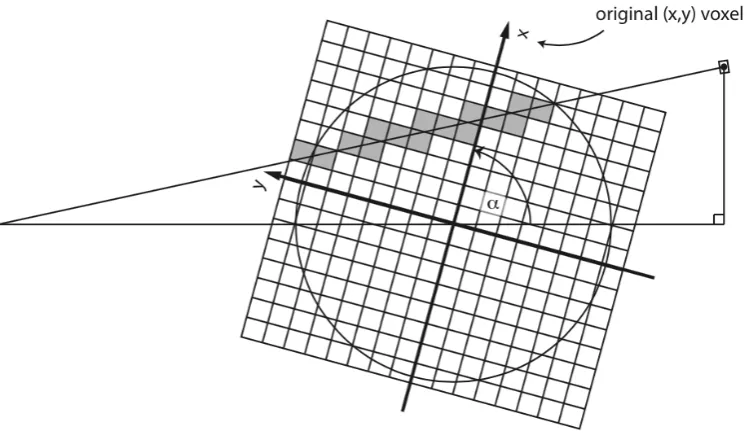 Figure 6: As the volume rotates about the z-axis, individual ray lines will pass through different combina-tions of voxels (MARS Bioimaging, 2014).