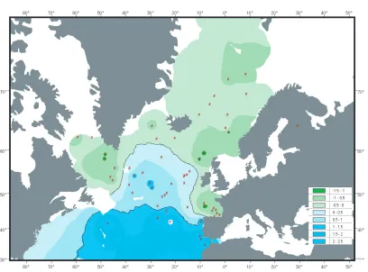 Fig. 4. Reconstruction of summer sea surface salinity for the North Atlantic Ocean during the lastglacial maximum (expressed as S-35)
