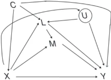 Figure 3. Causal diagram for exposure X, mediator M, outcome Y, intermediate confounder L, and unmeasured intermediate L-Y  con-founder U