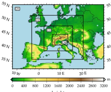 Figure 2. Conﬁguration of the four two-way nested domains. Thespatial resolutions are 54, 18, 6 and 2 km, for domains D1 to D4,respectively