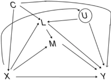 Figure 3. Causal diagram for exposure X, mediator M, outcome Y, intermediate confounder L, and unmeasured intermediate L-Y  con-founder U