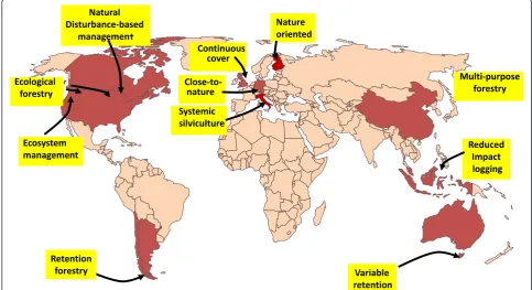 Figure 1 Examples of efforts to apply alternative silvicultural regimes. Countries with notable examples of alternative silviculture practicesare in red