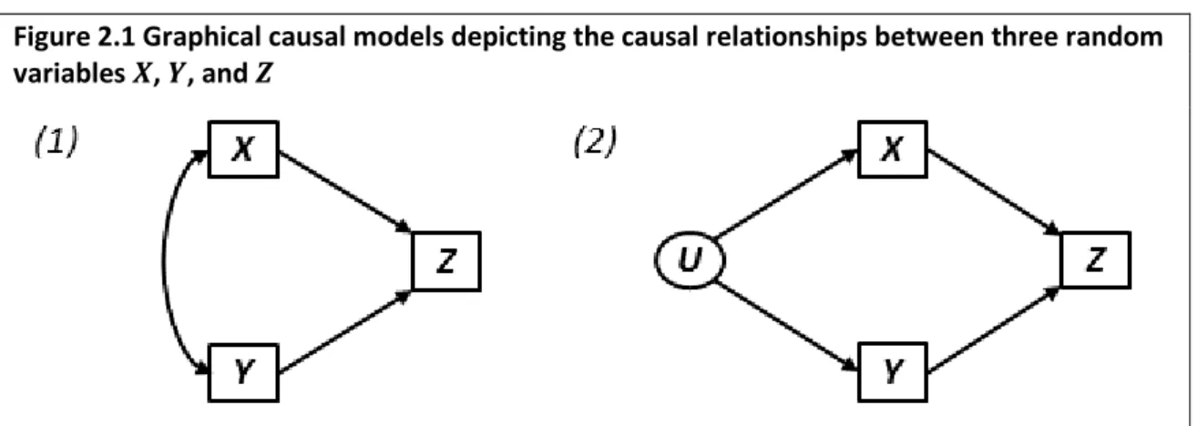 Figure 2.1 Graphical causal models depicting the causal relationships between three random  variables 