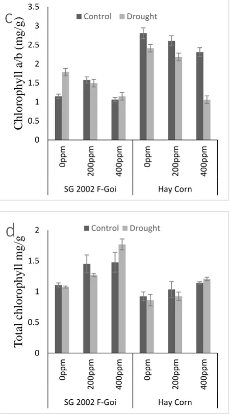 Figure 3.  Chlorophyll a (a), b (b), a/b (c) and pre- Soaked with 0ppm, 200ppm and 400ppm Proline grown under control and drought Total chlorophyll (c) contents of maize varieties condition 