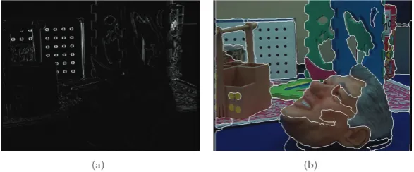 Figure 4: (a) Residue frame, and (b) a color-texture segmented frame of “Orbi” sequence.