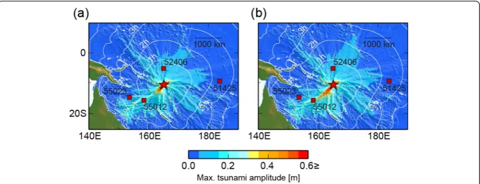 Figure 4 Distribution of the maximum tsunami amplitude. (a) Dispersive model and (b) non-dispersive model