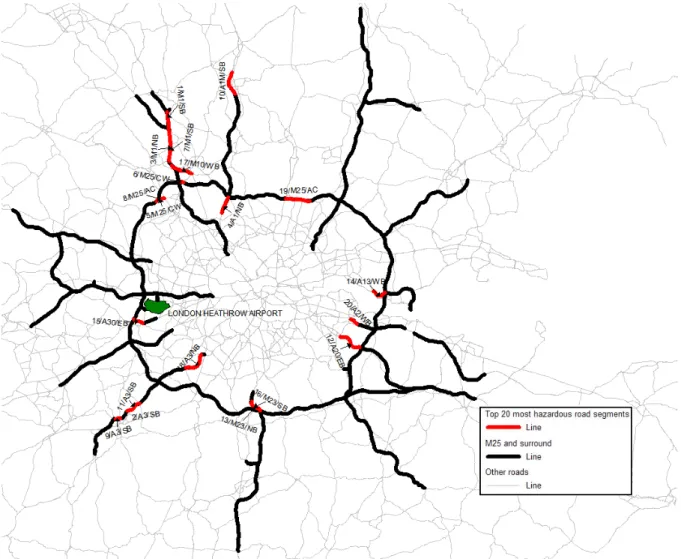 Figure 3 Top ranked 20 most hazardous road segments using the two-stage model 
