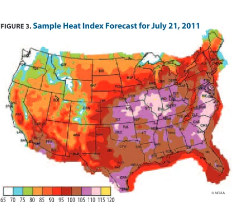 figUrE 3.  Sample heat index forecast for July 21, 2011approach to evaluate links between these temperatures and mortality (Davis et al