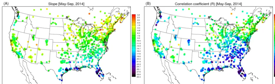 Figure 4. Spatial distributions of (a) slope and (b) correlation coefﬁcient of linear regression between MODIS CF and MDA8 ozone.