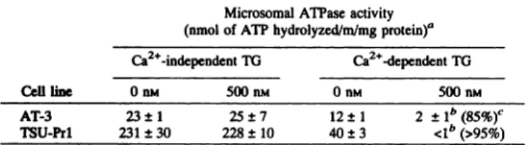 Table 1Response of the microsomalATPaseto TG treatmentMicrosomal ATPaseactivityCell line(nmol of ATP hydrolyzed/m/mgprotein)aCa2'-independentTO Ca2l@dependentTO0nst500 nsi0 ns@ 500nsiAT-3 TSU-Prl23Â±1 25Â±7 12Â±1 2+1b(85%)c 231Â± 30 228Â± 10 40 Â±3 &lt;1â€