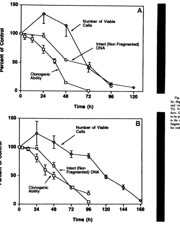 Fig. 5. Temporal changes in the clonogenic abil ity, degree of double-stranded DNA fragmentation, and viability of cells during exposure to 500 nst TO