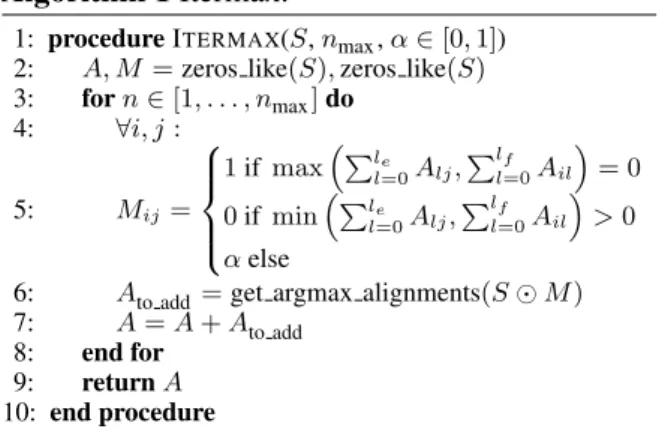 Figure 2: Description of the Itermax algorithm. ze- ze-ros like yields a matrix with zeros and with same shape as the input, get argmax alignments returns alignments obtained from the Argmax Method,  is elementwise multiplication.