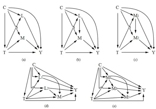 Figure 1 Mediation analysis (a) with two causally independent mediators, (b) with post-treatment  confounding where M is dependent on L, (c) with two sequential mediators M 1  and M 2 , 