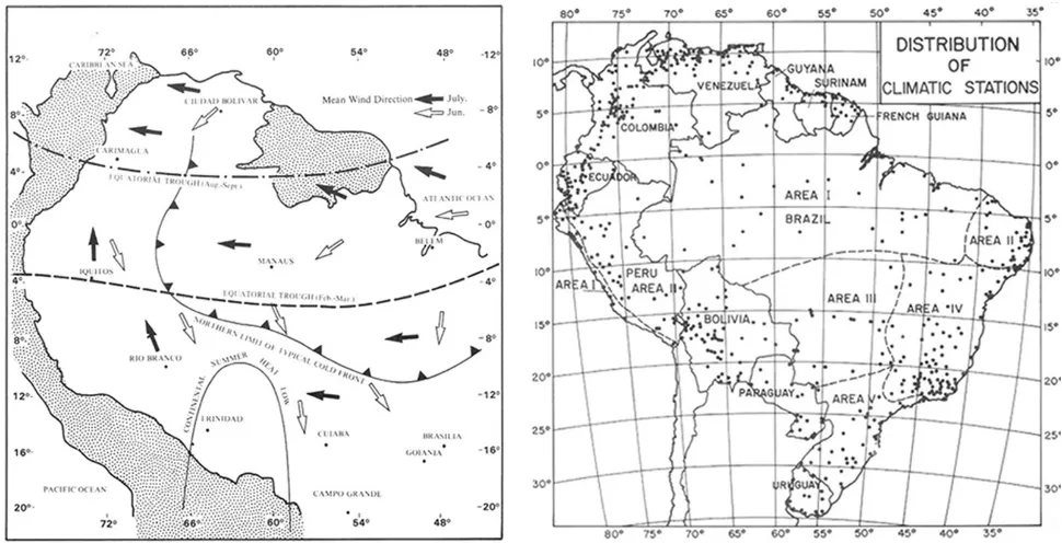 Figure 2-1. Major determinants of climate throughout central tropical South America showing wind directions and the position  of the equatorial trough.