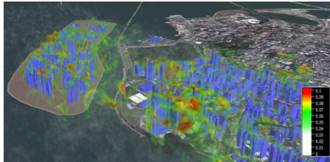 Figure 5. Snapshot of the absolute value of the 3-D rotation vector of the velocity ﬁeld (red to white colors) for a simulation of the city ofMacau, including a newly built-up artiﬁcial island (left)