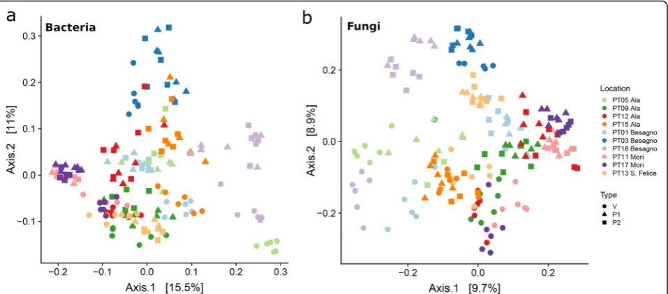 Fig. 6 aP1 and P2 samples from the same site form well defined, closely related groups, V samples still group together, but forming clusters that areusually clearly distinct from the corresponding P1 and P2 samples