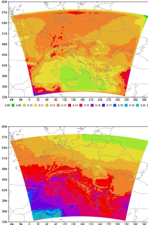 Figure 8. Spatial distribution of the average IFSM (top) and MCUF(bottom) values (units 0.001 hPa) for forecast hour greater than orequal to 6 h for the period from 1 November 2010 until 15 Novem-ber 2014.