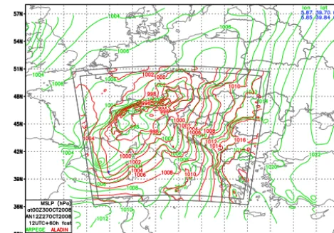 Figure 1.MCUF ﬁeld exceeding the 0.003 threshold are listed in the upper Mean sea level pressure (hPa)from ARPEGE (green) and ALADIN (red) operational 60 hour forecastanalysis on 27 October 2008