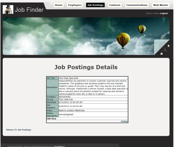 FIGURE 1.8 Showing Job Postings Details Page in logged on view - Edit mode. From here you can Edit, Insert or  Delete a record