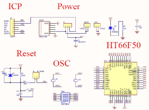 Figure 6 shows the reset circuit. VSS is pin 14 of the HT66F50 and is the ground pin of the circuit