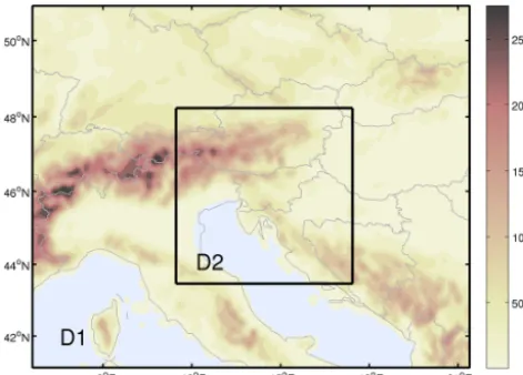Figure 1. Modelling domains (D1, D2) used in the WRF-Chem RT-AQF system. Orography (in metres) is shown in resolution of theD1 domain (11.1 km).