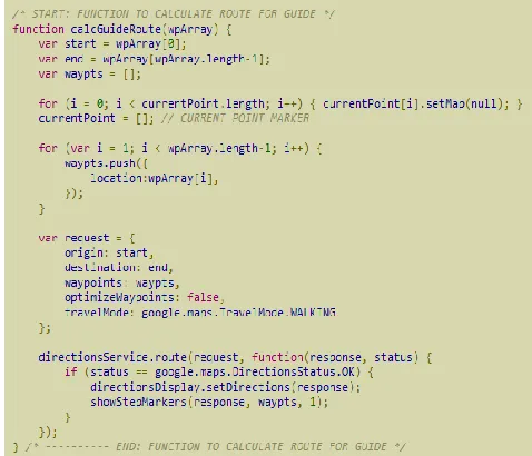 Figure 3.8 illustrates the script that calculates the route on each waypoints. The waypoints, comprises the Longitude and Latitude points of each location, are placed on an array and shows the steps from A to J or less, depending on the number of steps on 