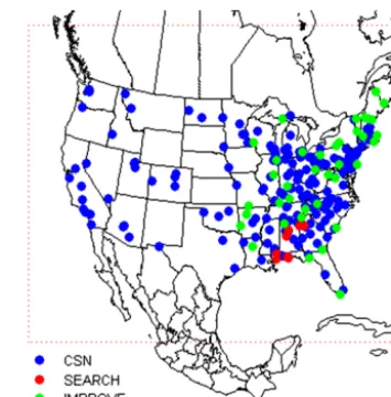 Figure 1. Modeling domain (dotted, red line) and CSN, SEARCH,and IMPROVE monitors used for model development, application,and evaluation.