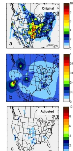 Figure 4. Hybrid-kriging adjustment of the dust impacts on PM2.5on 22 January 2004: (a) original CMAQ–DDM simulation of dustsource impacts; (b) spatial ﬁeld of hybrid adjustment factors fordust (RSHj); (c) adjusted spatial ﬁeld of dust source impacts.