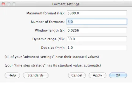 Figure 4: Praat’s Formant Settings Window