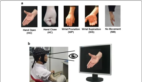 Fig. 1 a Motion classes involved in the study; b A subject performed the target movement (hand open) displayed on the screen by the motion picture