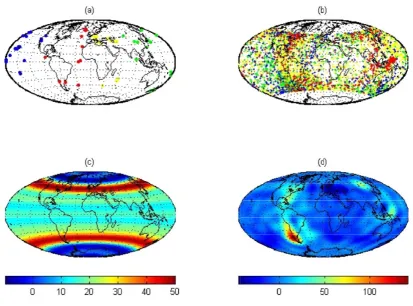 Fig. 2.Distribution of the sites and the transitional VGP (Z(15) �rˆ�and W (15) �rˆ�): (a) The site distribution are divided into sectors, L1 (yellow), L2(green), L3 (blue) and L4 (red) corresponding to 4 longitudinal sectors, (0, 90), (90,180), (−180, −90